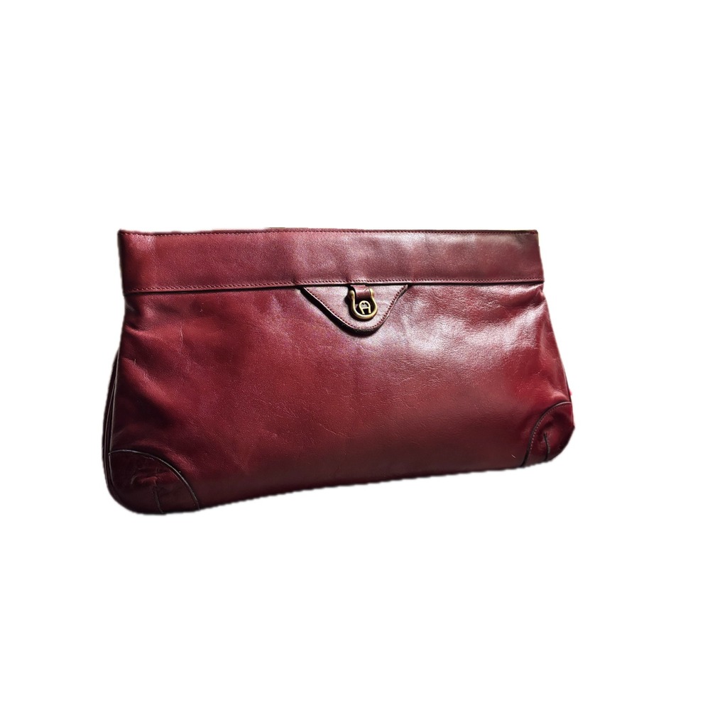 Etienne Aigner Vintage Oxblood Red Leather Clutch Bag Brass Horseshoe Logo